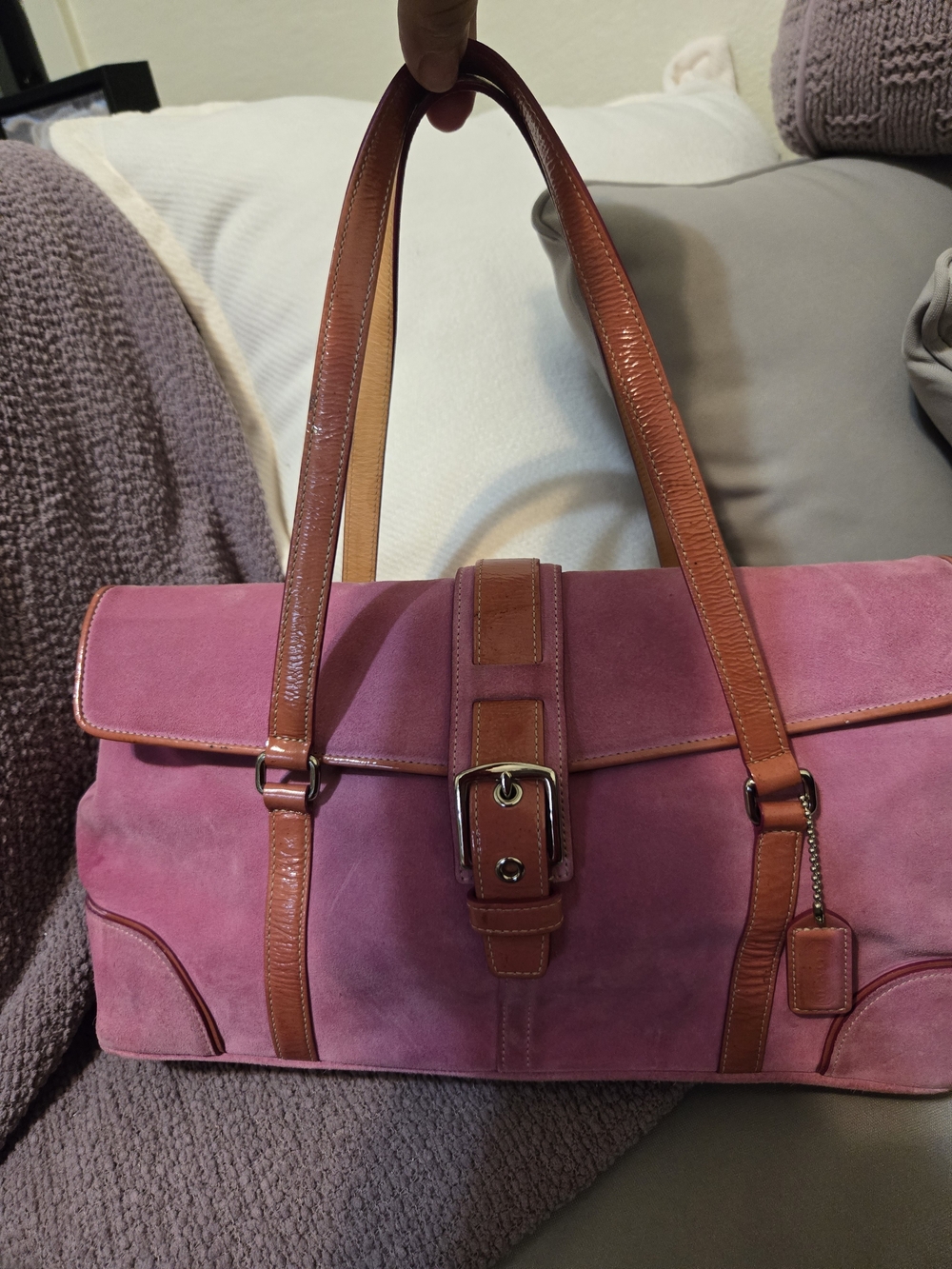 Coach Pink Suede Shoulder Bag with Tan Leather Trim - Picture 10 of 10